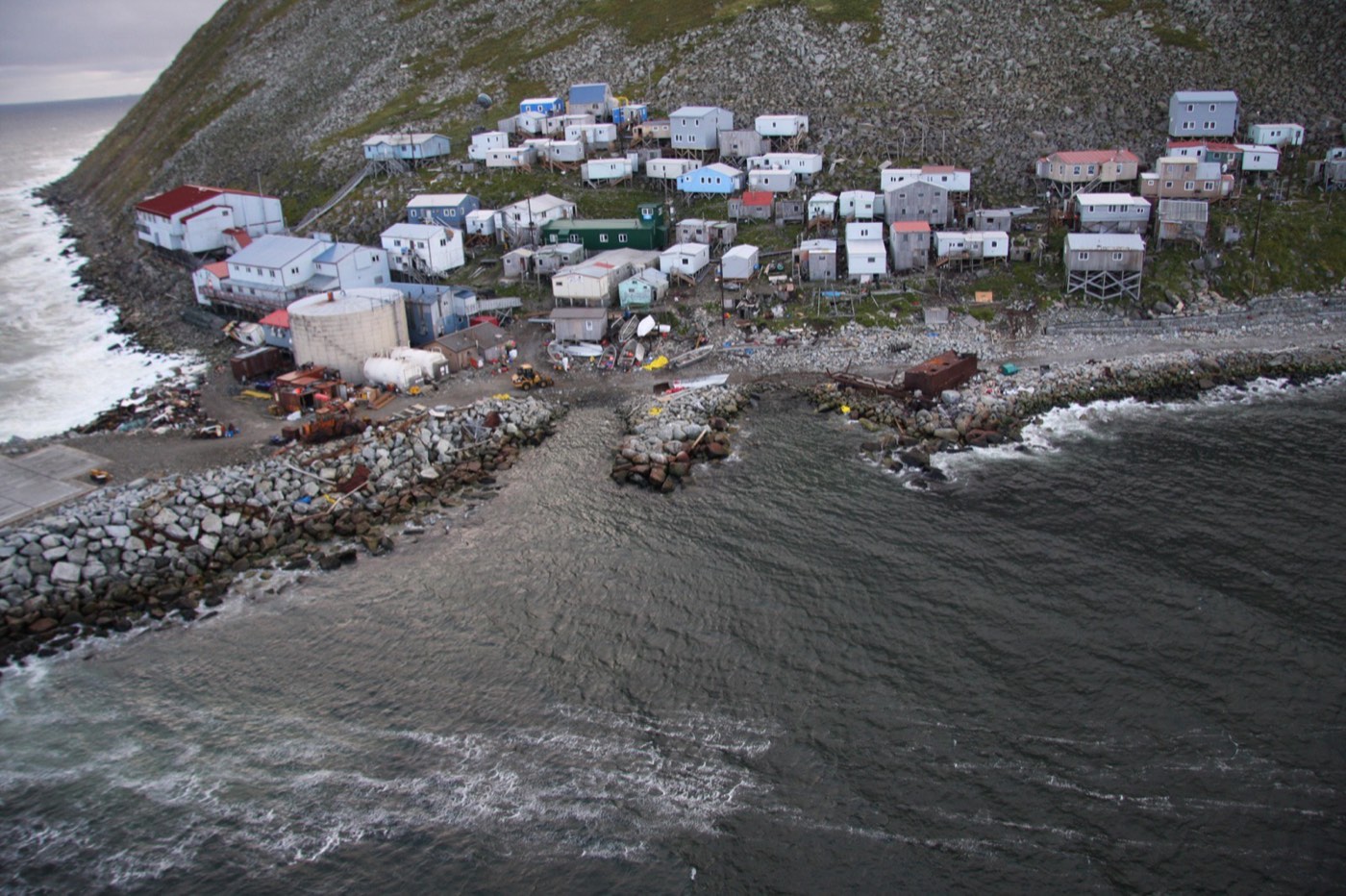 The village on Little Diomede, photographed by the US Coast Guard on 25 August 2008, two weeks after the Defender left its beach for Wales; the Land Rover waited here from 8 July to 7 August for a weather window.