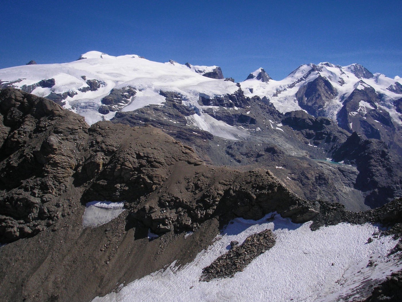 The ice-capped Gobba di Rollin (left) and the Lyskamm group from near the Grand Tournalin, above Cervinia.