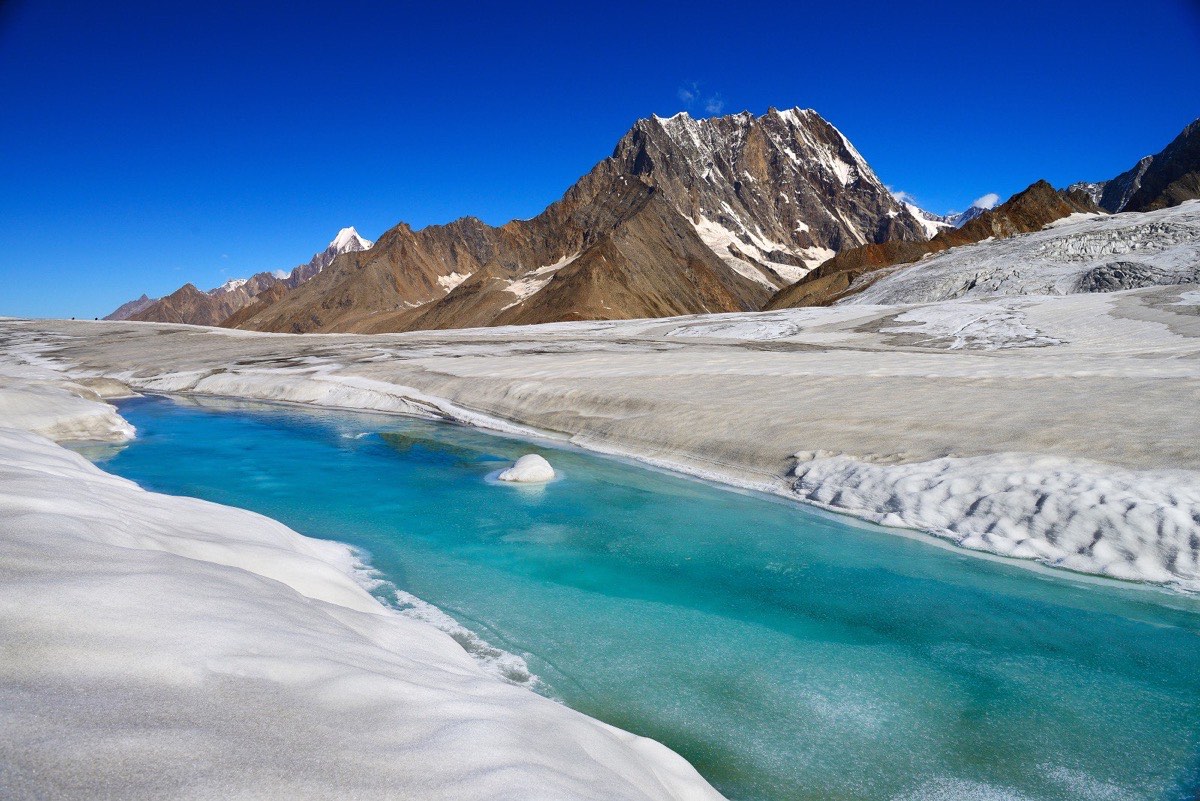 A meltwater stream on the Hispar glacier, where the project took the first impulse-radar ice-depth profiles in the Karakoram.