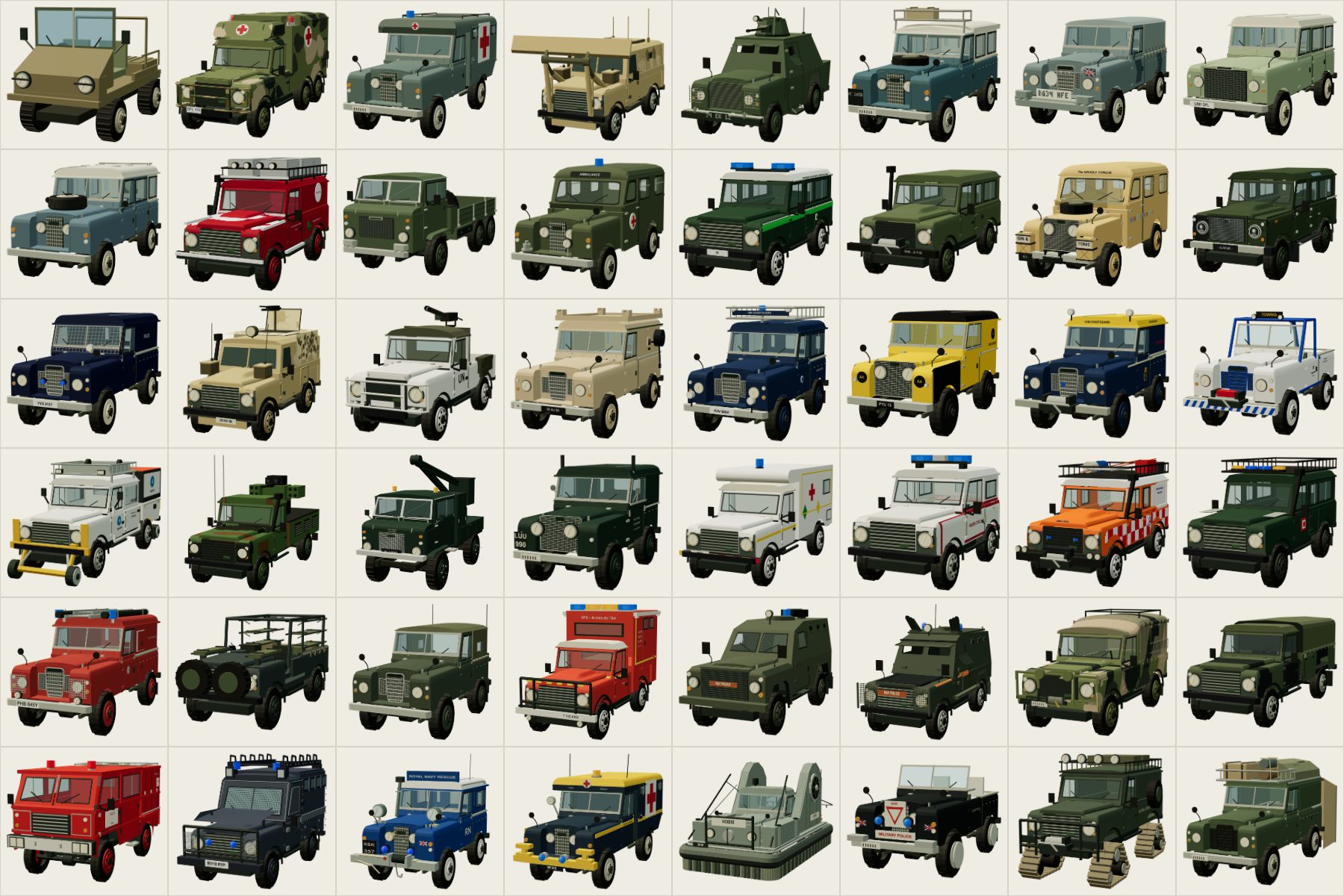 A line-up of the game's vehicle models