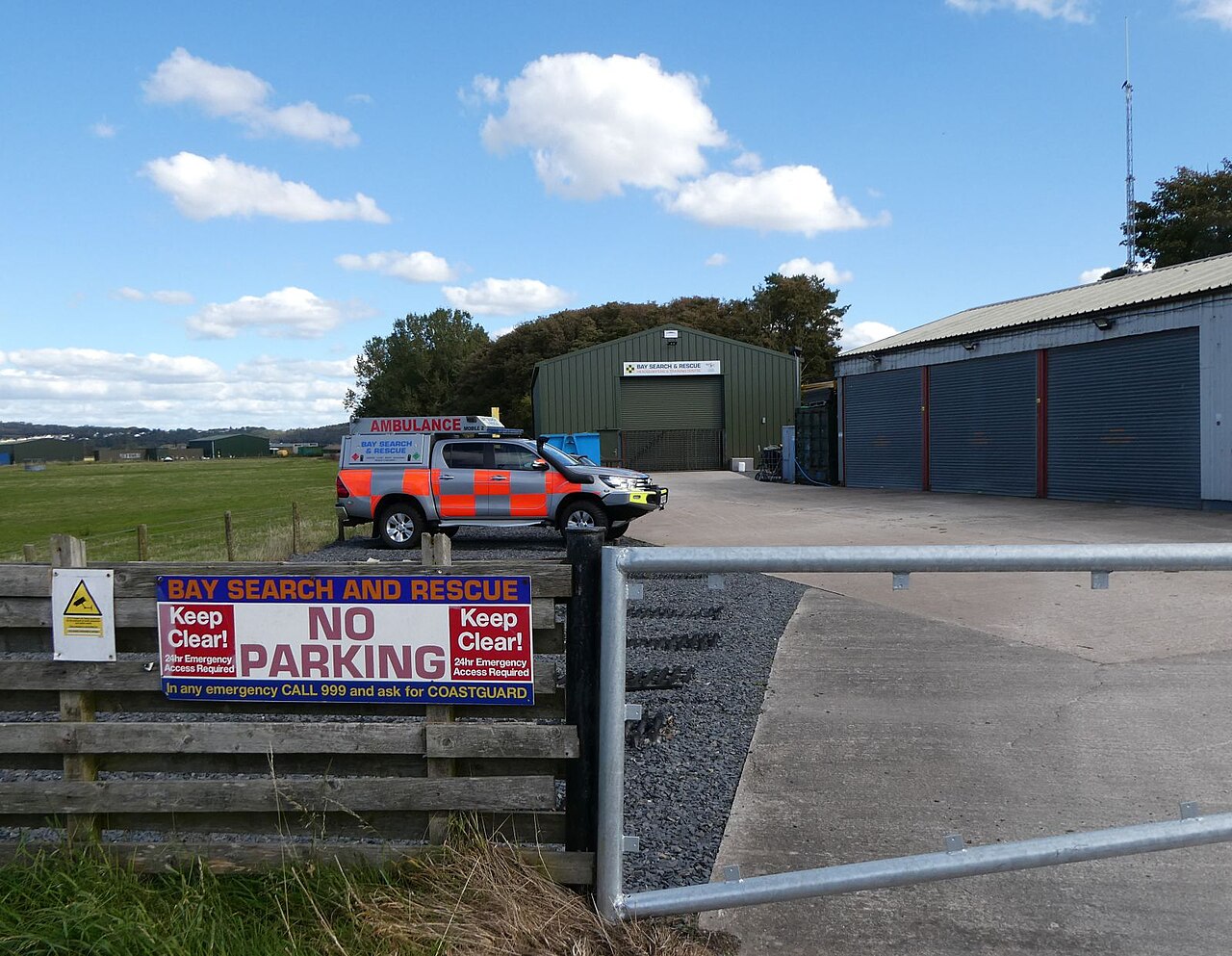 Bay Search & Rescue — Bay Search & Rescue's Flookburgh base in 2025, with the team's later Toyota Hilux ambulance outside the Hägglund sheds