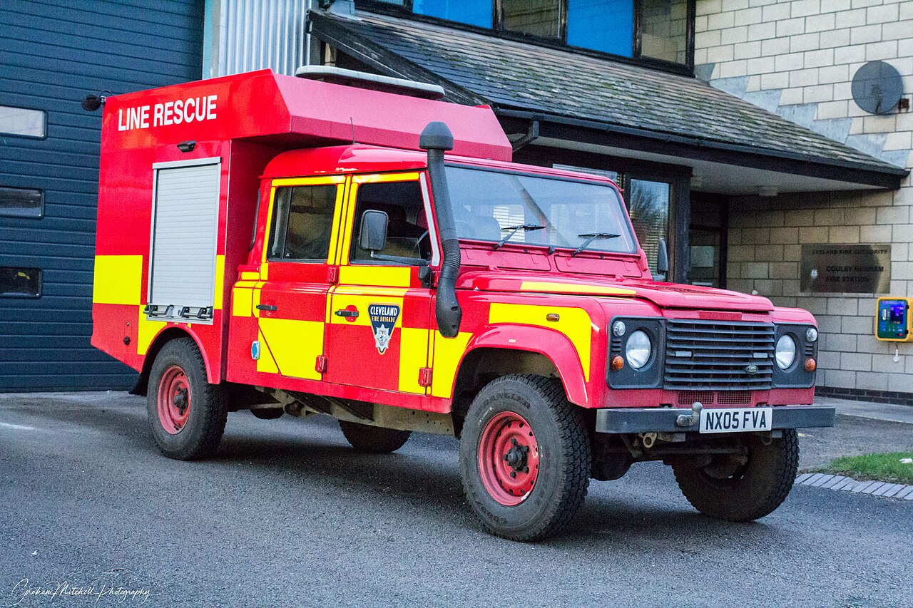 Cleveland Fire Brigade — NX05 FVA, Cleveland Fire Brigade's Defender 130 Line Rescue unit, outside Coulby Newham fire station
