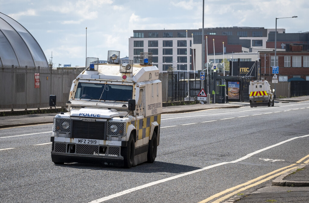 Two PSNI Pangolin armoured Land Rovers on Queen's Road, Belfast, April 2023
