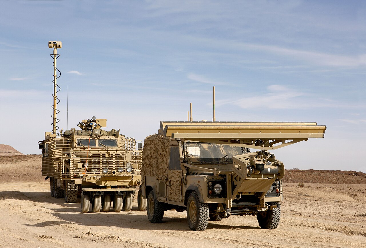Land Rover Panama — Panama remote-control Land Rover with its ground-penetrating radar boom leading a Mastiff fitted with Choker mine rollers, Exercise Pashtun Charge 5, Jordan, December 2012