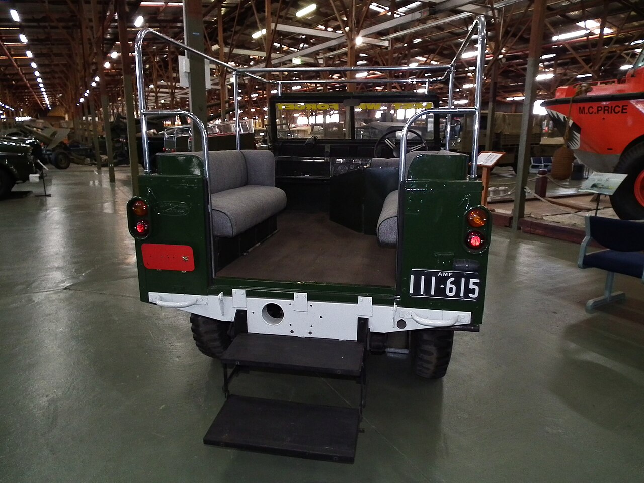 Queen’s Australian Series II — Another view of a 1958 ceremonial review Land Rover at the Army Museum Bandiana, showing the review handrails