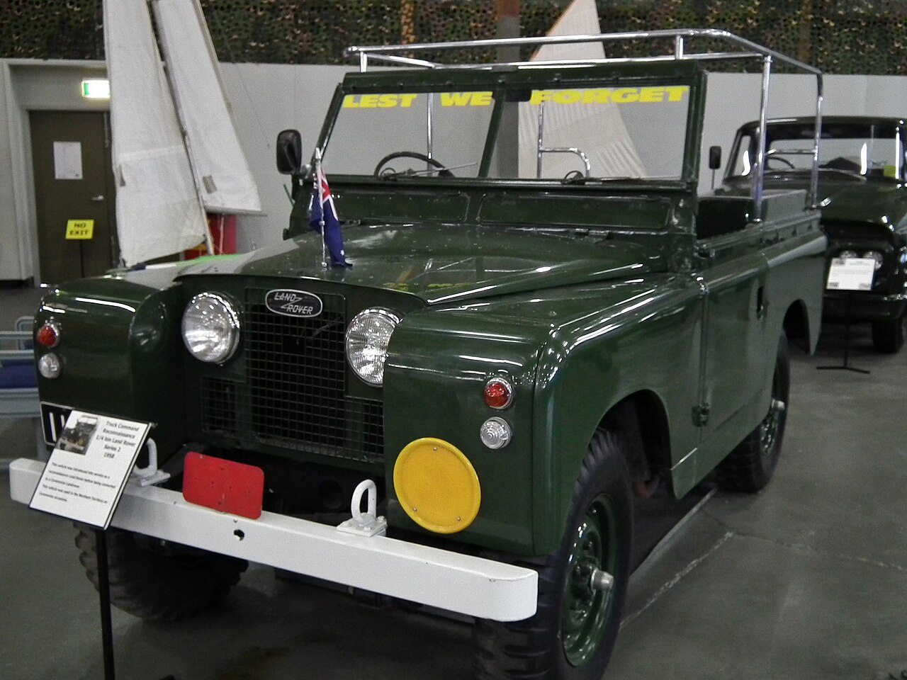 Queen’s Australian Series II — 1958 ceremonial review Land Rover preserved at the Army Museum Bandiana — one of the two ex-Army cars believed to come from the Sydney-built royal review batch, repainted green in service