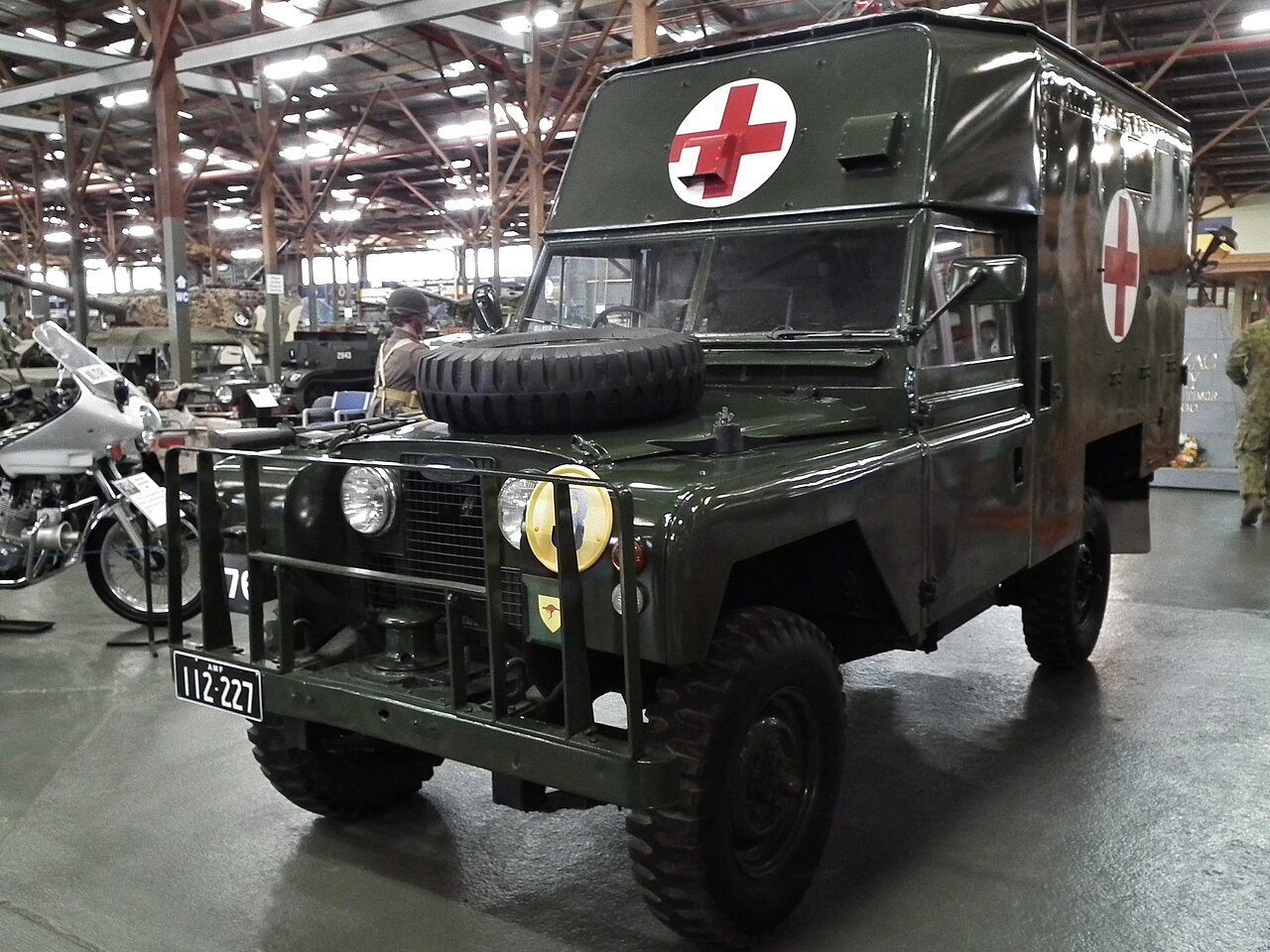 FWSF — This is the vehicle the FWSF was NOT: the Australian Army's purpose-built 109-inch four-stretcher box ambulance (census 6362B), ARN 112-227, at the Army Museum Bandiana. The FWSF trucks borrowed this vehicle's C-section stretcher rails but kept the ordinary canvas-tilt cargo body. No freely licensed photograph of an FWSF truck is known.