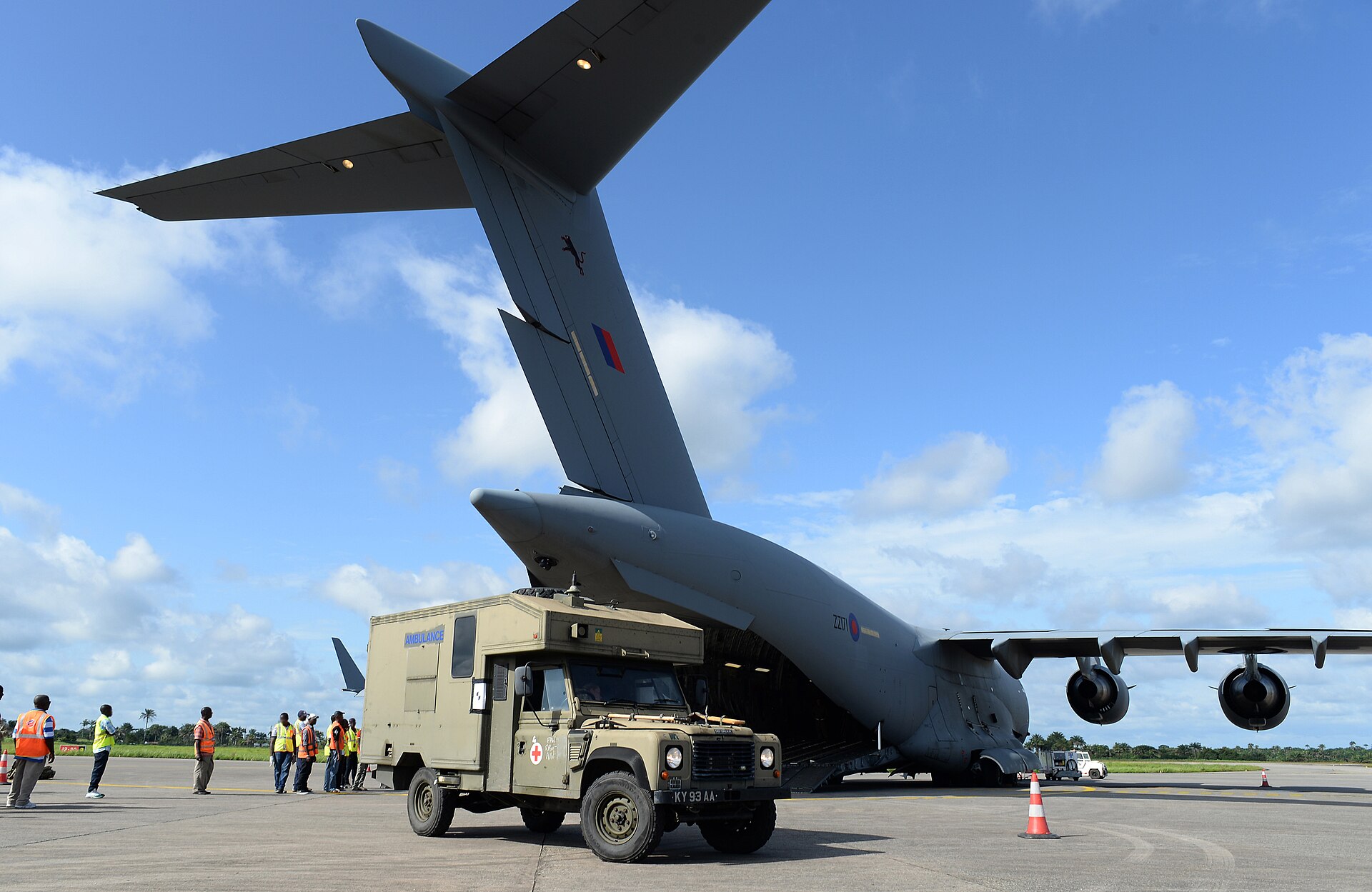 Army battlefield ambulance unloaded from an RAF C-17 in Sierra Leone during Operation Gritrock, 2014