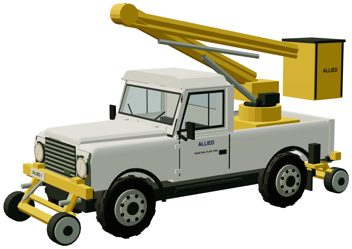 Allied Road-Rail Land Rover Platform — three-quarter view, registry 3D render