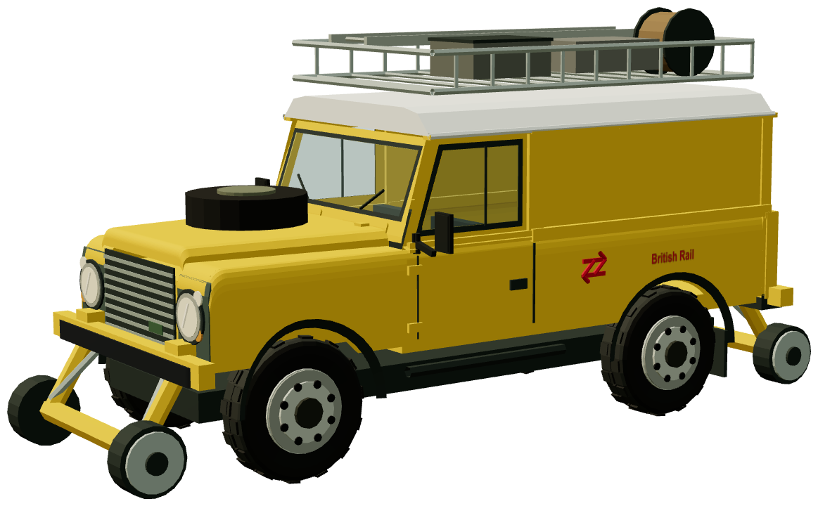 British Rail Road-Rail Land Rover — three-quarter view, registry 3D render