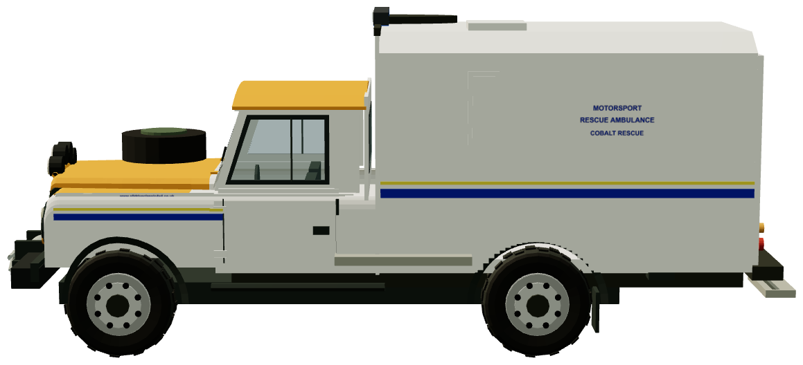 Cobalt Rescue Motorsport Defender — side view, registry 3D render