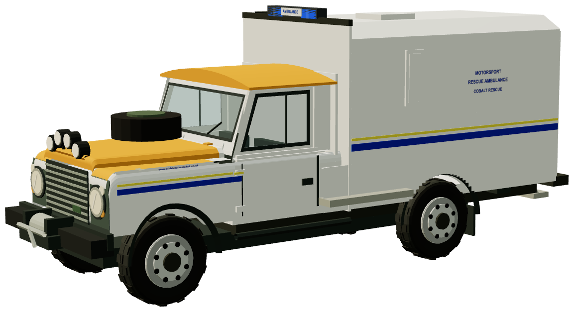 Cobalt Rescue Motorsport Defender — three-quarter view, registry 3D render