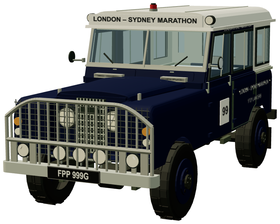 17th/21st Lancers London–Sydney Marathon Land Rover — front three-quarter view, registry 3D render