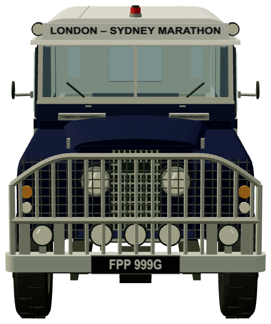 17th/21st Lancers London–Sydney Marathon Land Rover — front view, registry 3D render