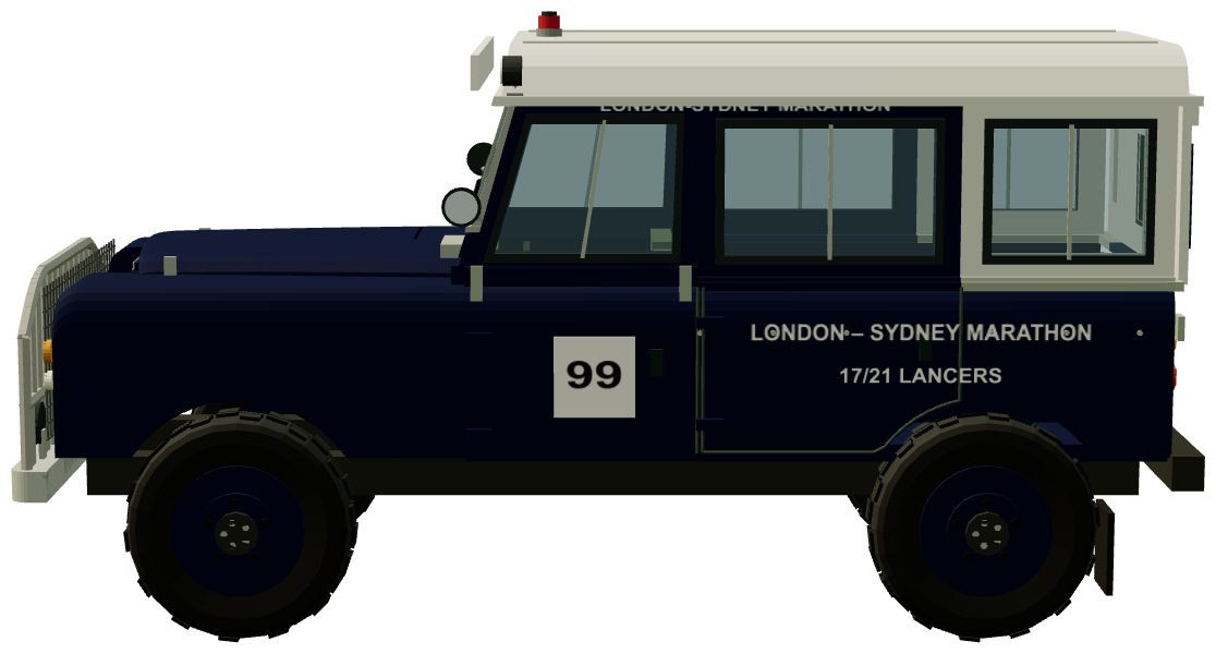 17th/21st Lancers London–Sydney Marathon Land Rover — side view, registry 3D render