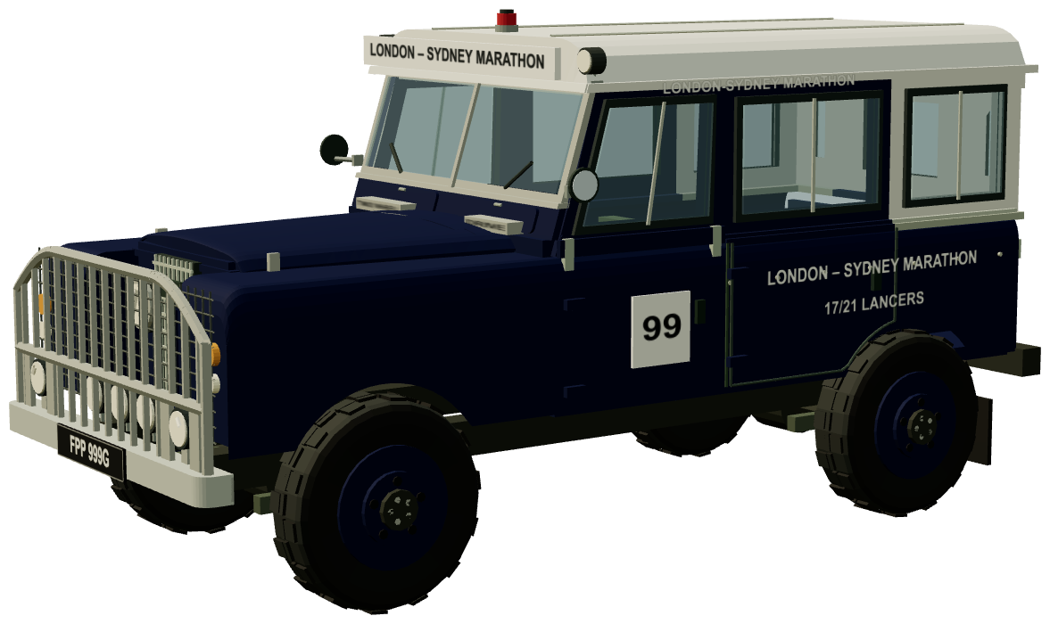 17th/21st Lancers London–Sydney Marathon Land Rover — three-quarter view, registry 3D render