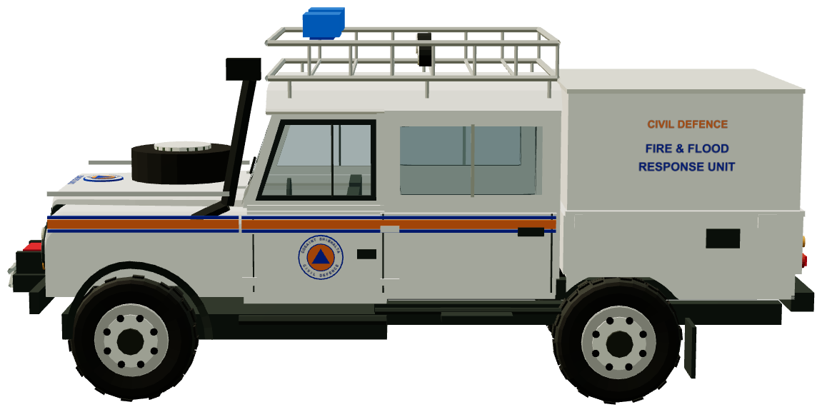 Louth Civil Defence Fire & Flood Response Defender — side view, registry 3D render