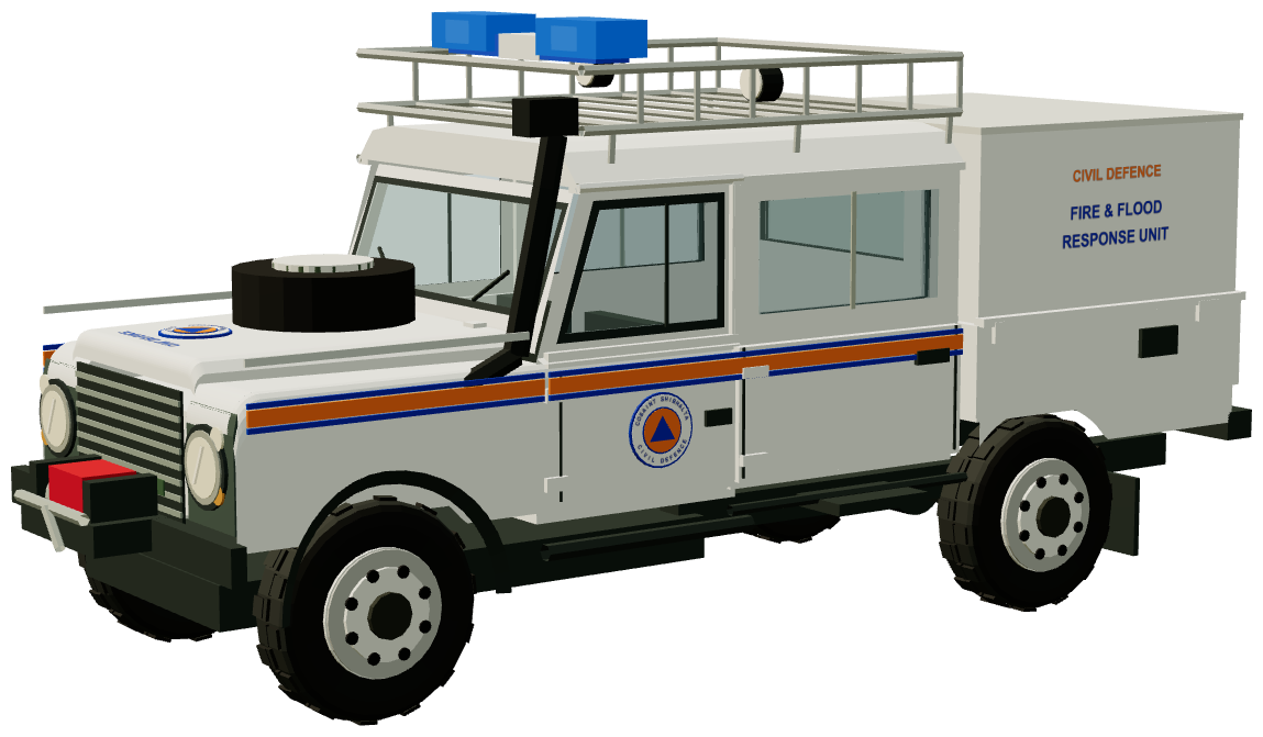 Louth Civil Defence Fire & Flood Response Defender — three-quarter view, registry 3D render