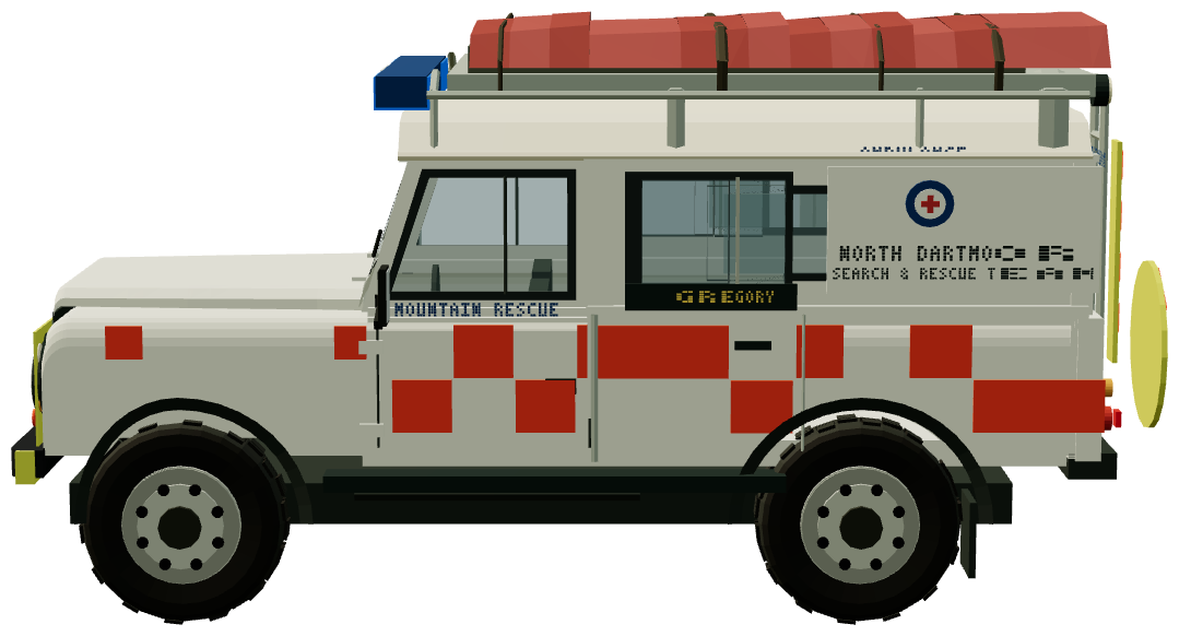 Mountain Rescue Defender 110 — side view, registry 3D render