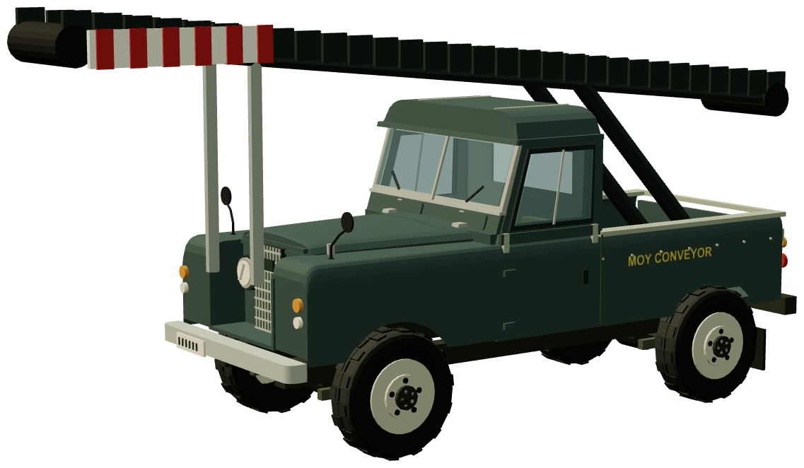 Moy 109 conveyor Land Rover — three-quarter view, registry 3D render