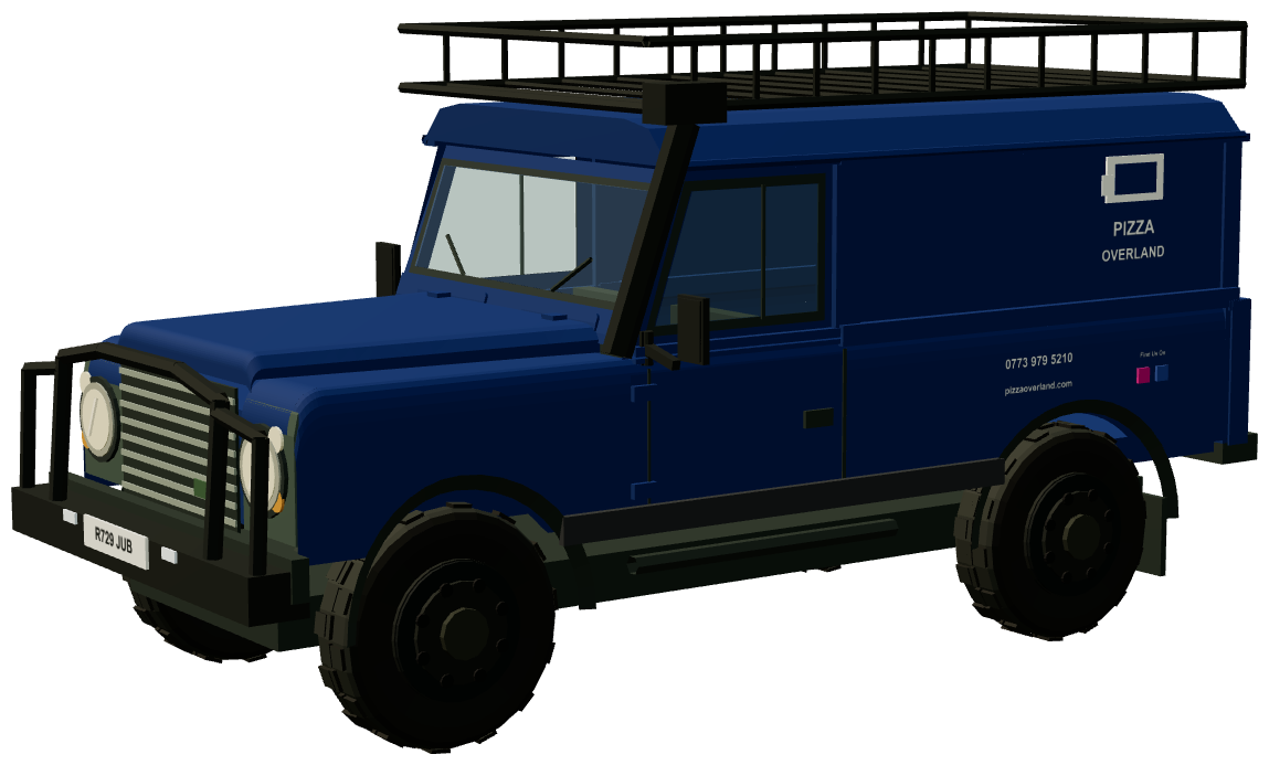 Pizza Overland Defender 110 — three-quarter view, registry 3D render