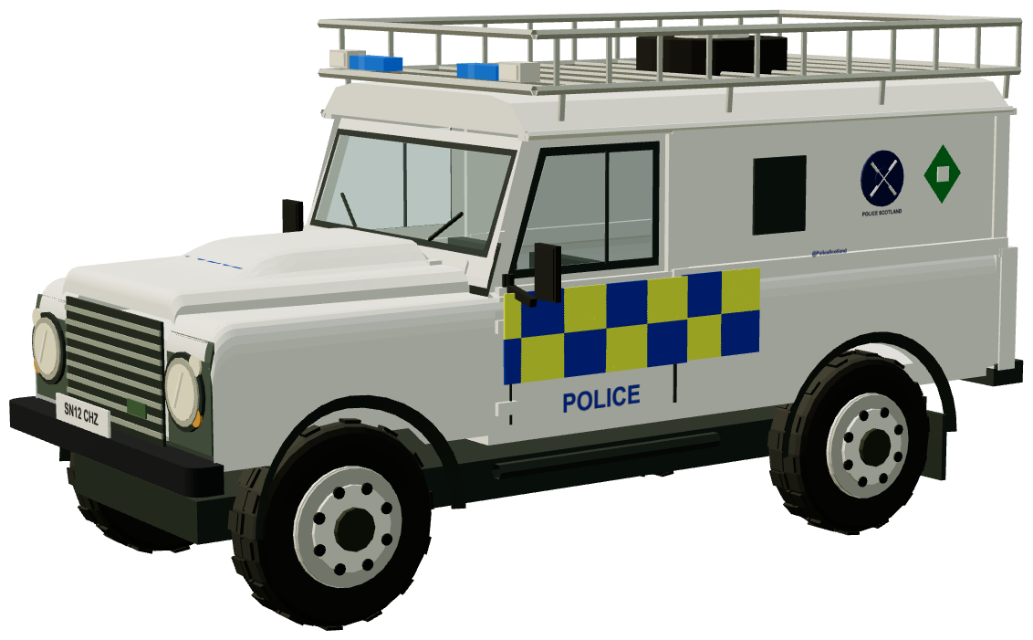 Police Scotland Underwater Search Unit Defender 110 — three-quarter view, registry 3D render