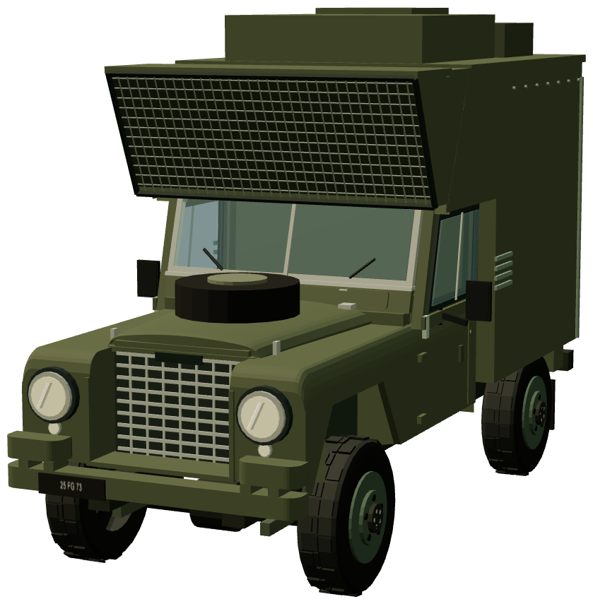 Royal Artillery PPIF Drone Section Land Rover — front three-quarter view, registry 3D render