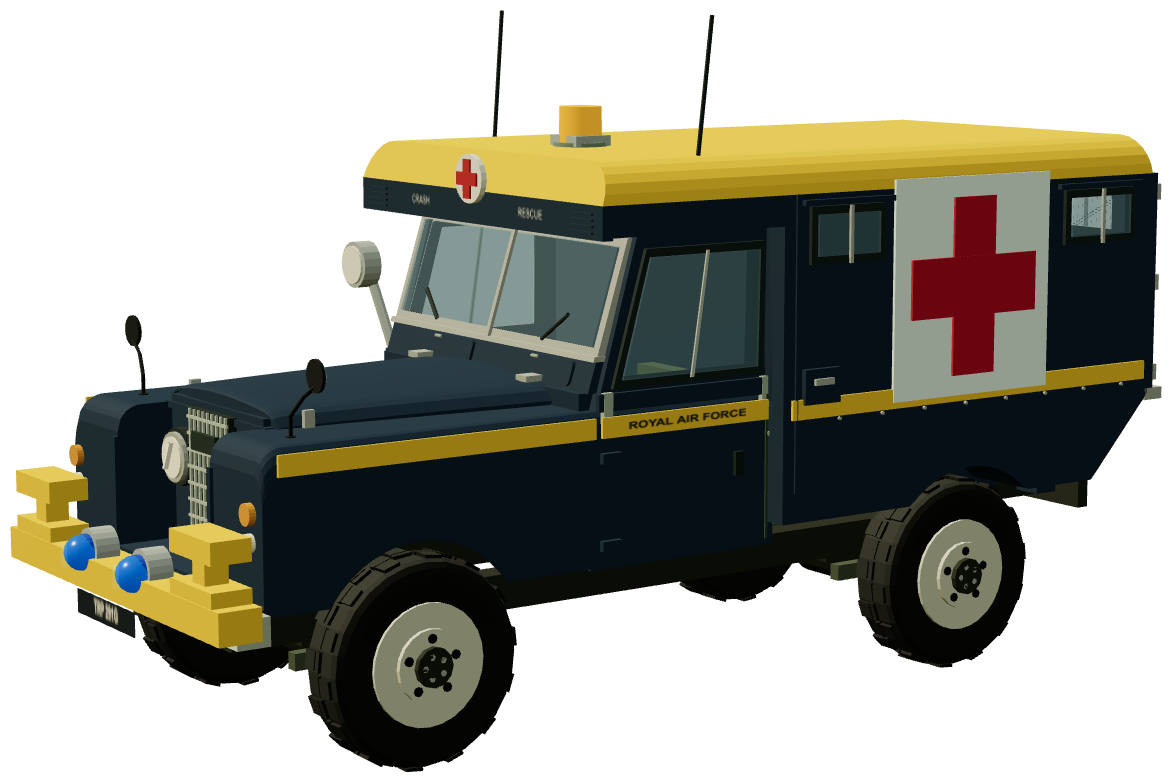 RAF Crash Rescue Marshall Ambulance — three-quarter view, registry 3D render