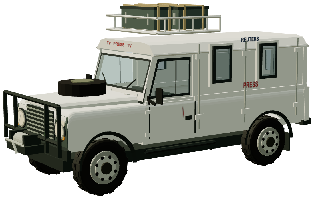 Reuters armoured 130 press vehicle — three-quarter view, registry 3D render