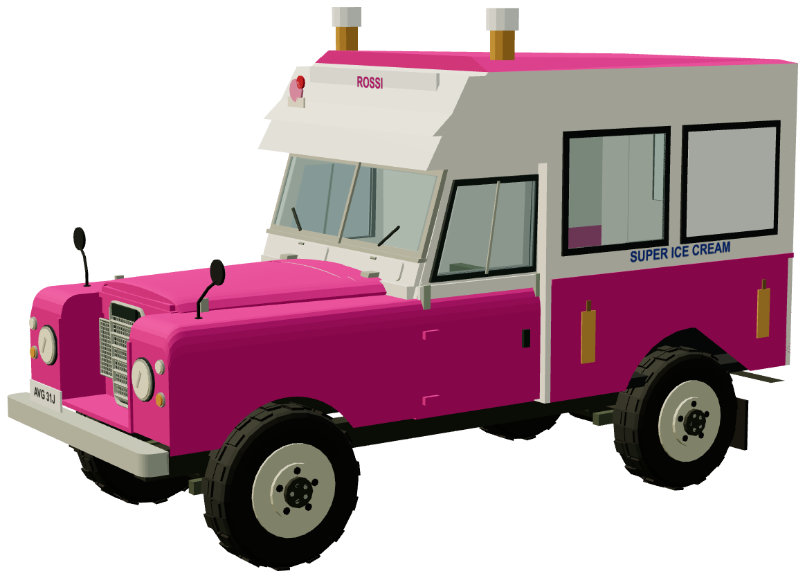 Rossi Ice Cream Land Rover AVG 31J — three-quarter view, registry 3D render