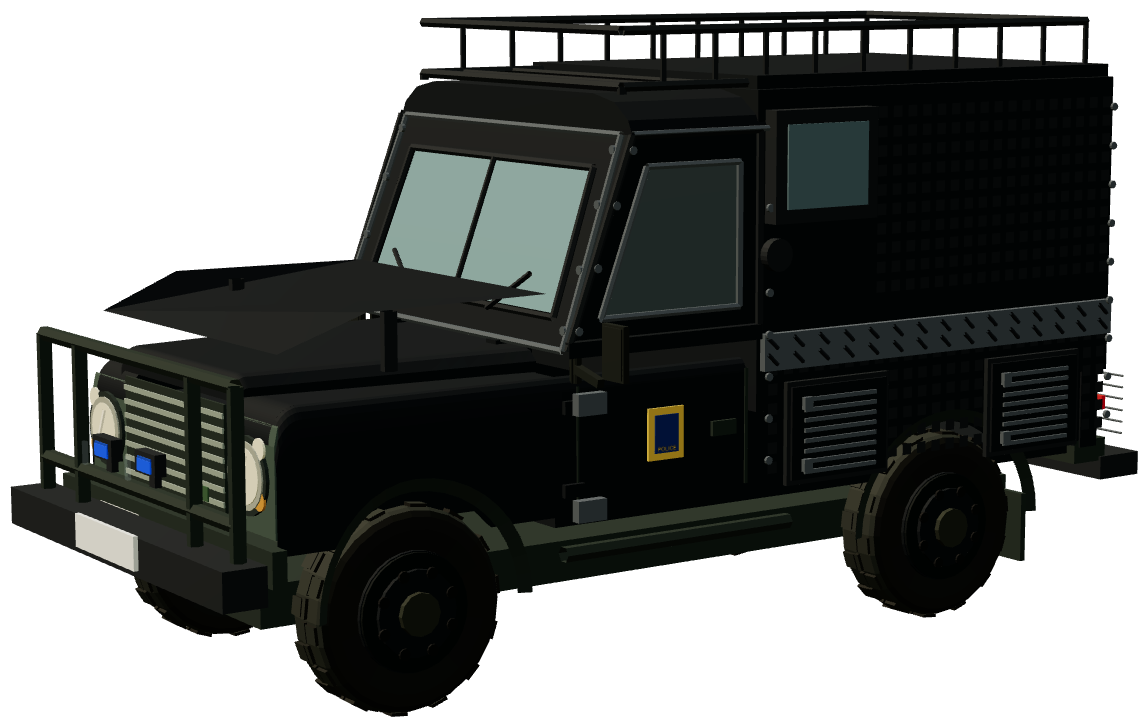Staffordshire Police Armoured Defender 110 — three-quarter view, registry 3D render