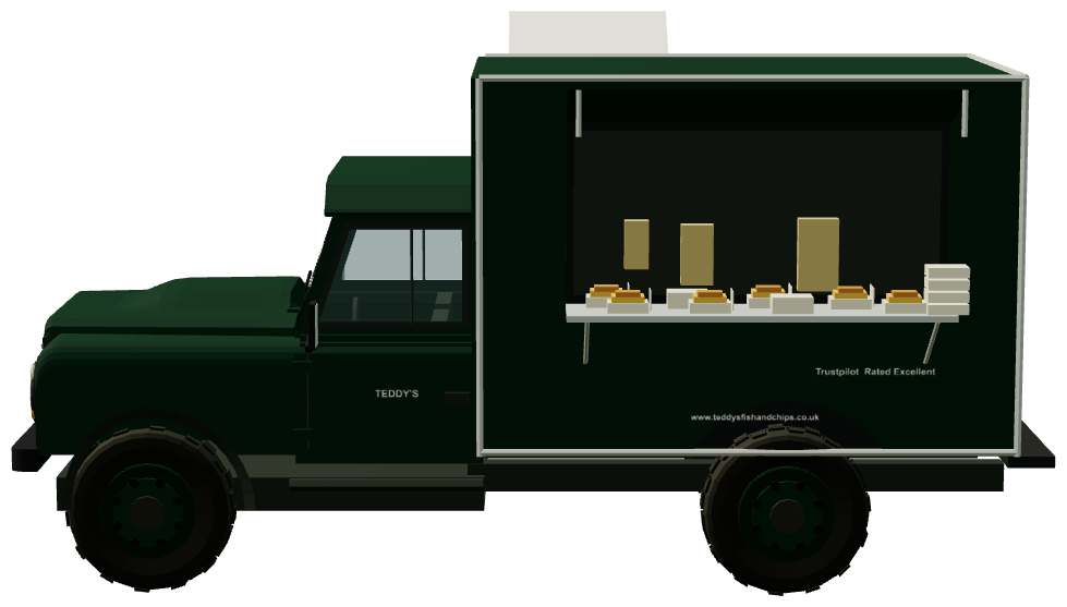 Teddy's Fish & Chips Defender — side view, registry 3D render