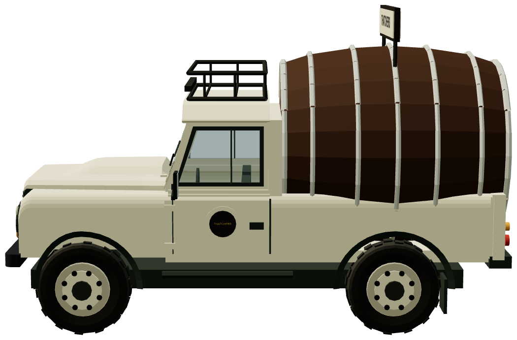Thatchers Cider Cask Defender — side view, registry 3D render