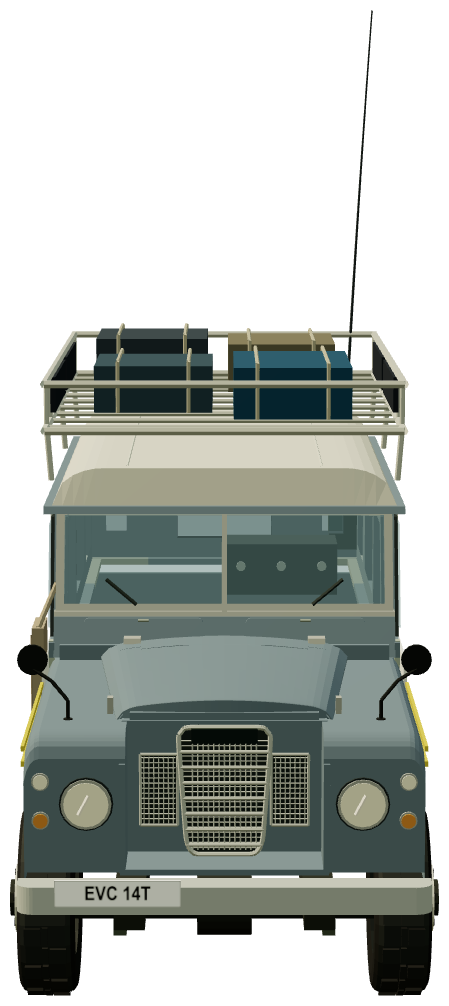 Ginny Fiennes’ Transglobe Radio Land Rover — front view, registry 3D render