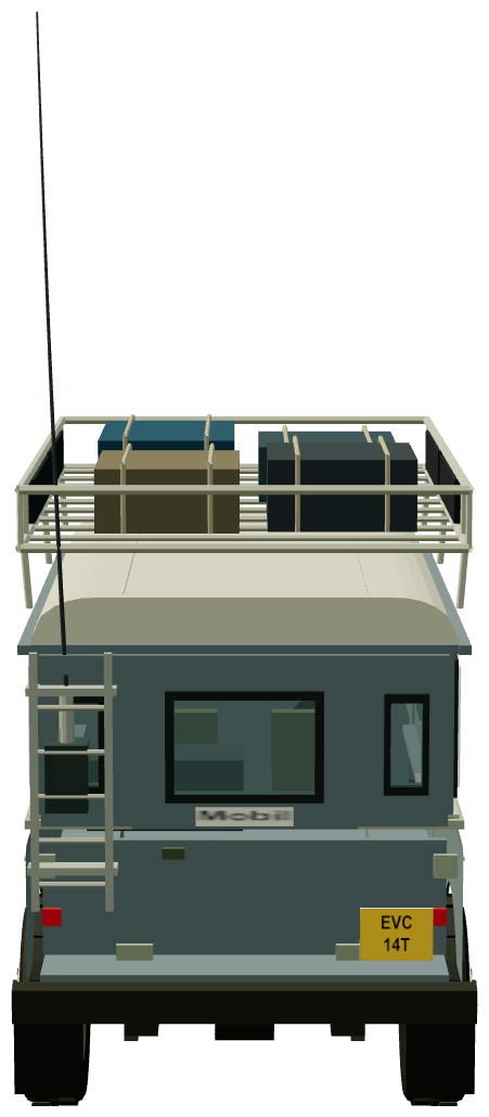 Ginny Fiennes’ Transglobe Radio Land Rover — rear view, registry 3D render