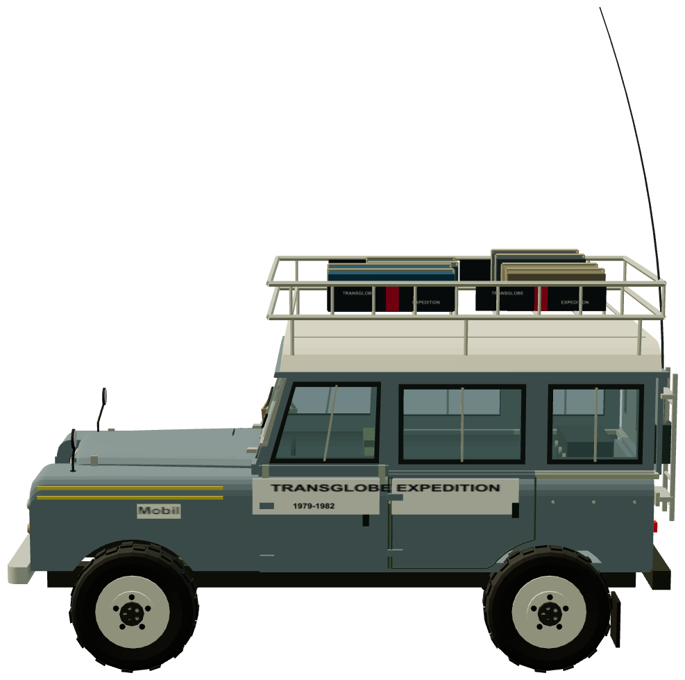 Ginny Fiennes’ Transglobe Radio Land Rover — side view, registry 3D render