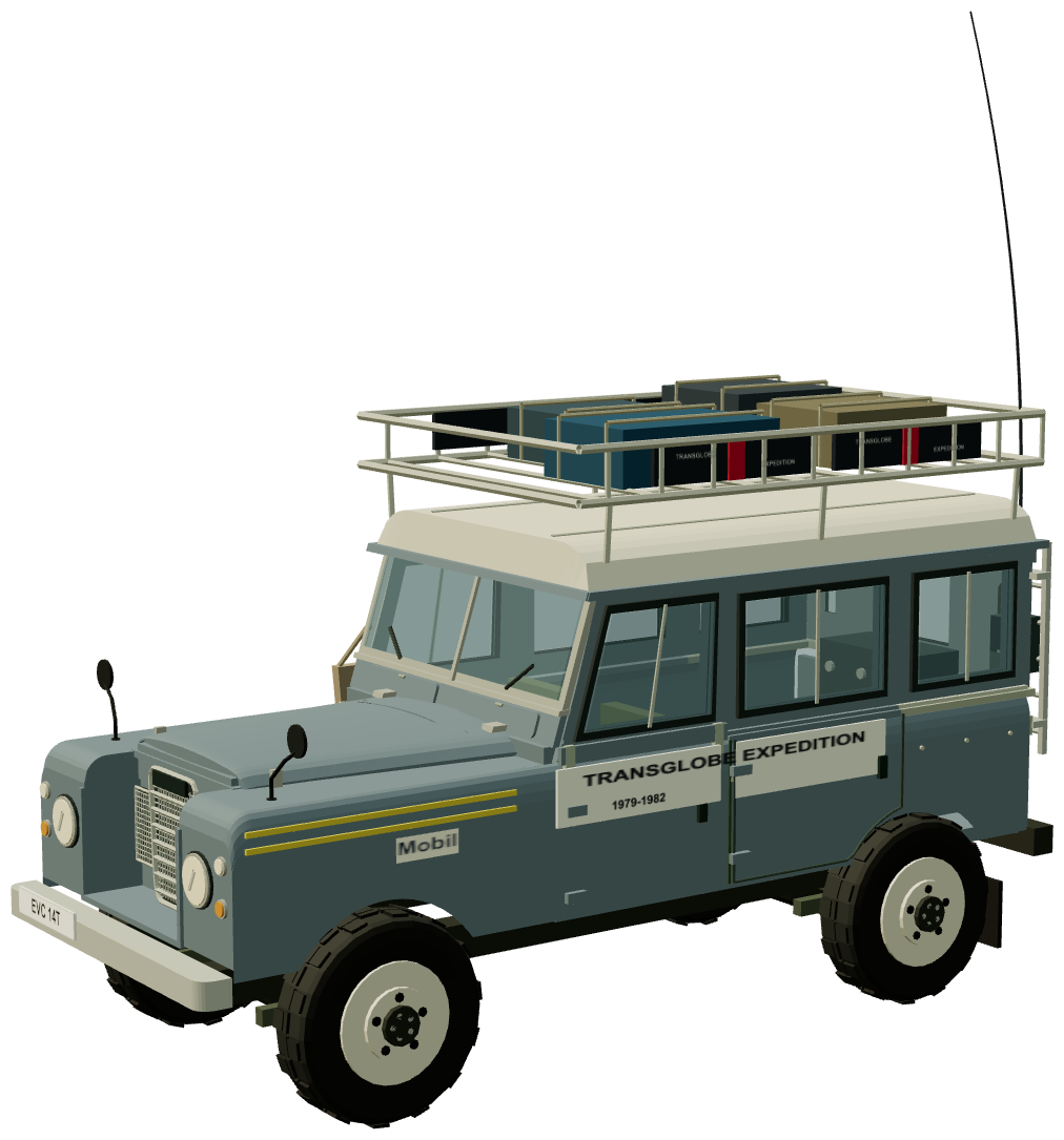Ginny Fiennes’ Transglobe Radio Land Rover — three-quarter view, registry 3D render